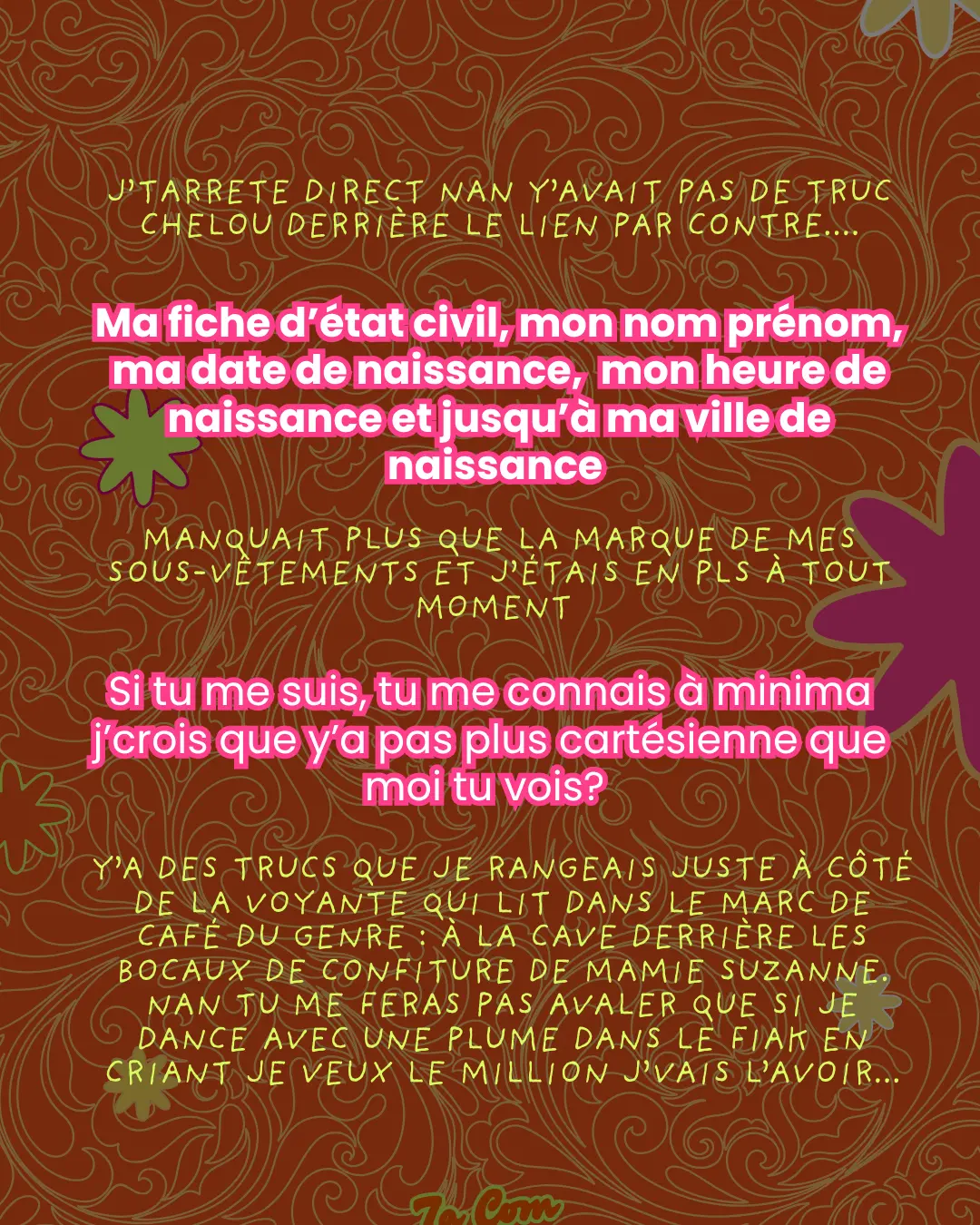 J'tarrete direct nan y'avait pas de truc chelou derrière le lien par contre... Ma fiche d'état civil, mon nom prénom, ma date de naissance, mon heure de naissance et jusqu'à ma ville de naissance. Manquait plus que la marque de mes sous-vêtements et j'étais en PLS à tout moment. Si tu me suis, tu me connais à minima j'crois que y'a pas plus cartésienne que moi tu vois ? Y'a des trucs que je rangeais juste à côté de la voyante qui lit dans le marc de café du genre : à la cave derrière les bocaux de confiture de mamie Suzanne. Nan tu me feras pas avaler que si je dance avec une plume dans le fiak en criant je veux le million j'vais l'avoir...