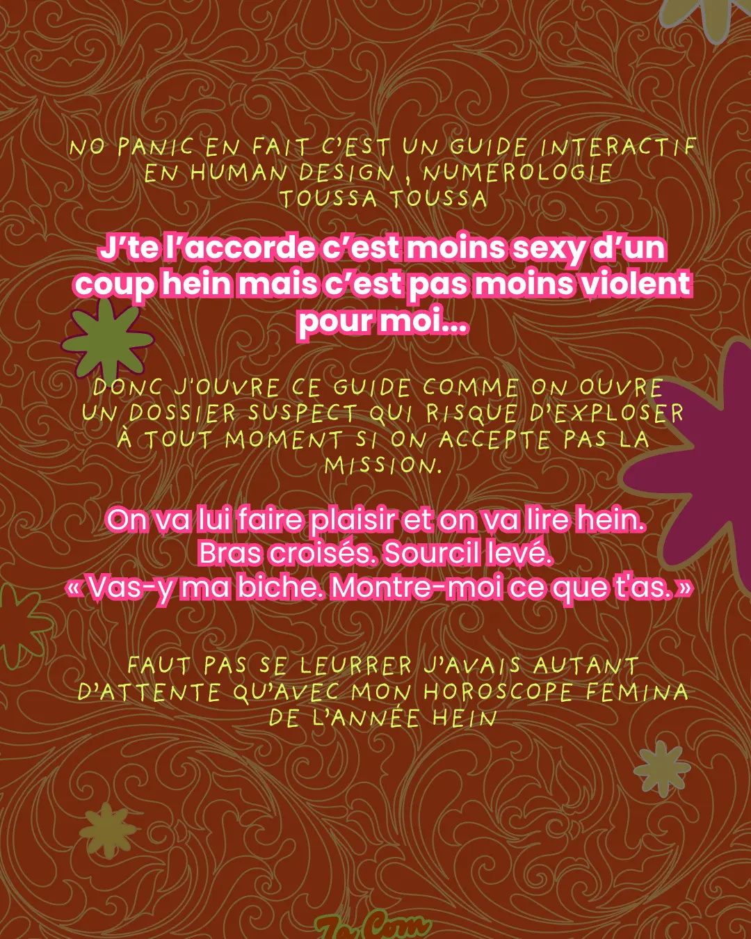 No panic en fait c'est un guide interactif en Human Design, numérologie toussa toussa. J'te l'accorde c'est moins sexy d'un coup hein mais c'est pas moins violent pour moi... Donc j'ouvre ce guide comme on ouvre un dossier suspect qui risque d'exploser à tout moment si on accepte pas la mission. On va lui faire plaisir et on va lire hein. Bras croisés. Sourcil levé. « Vas-y ma biche. Montre-moi ce que t'as. » Faut pas se leurrer j'avais autant d'attente qu'avec mon horoscope Femina de l'année hein.