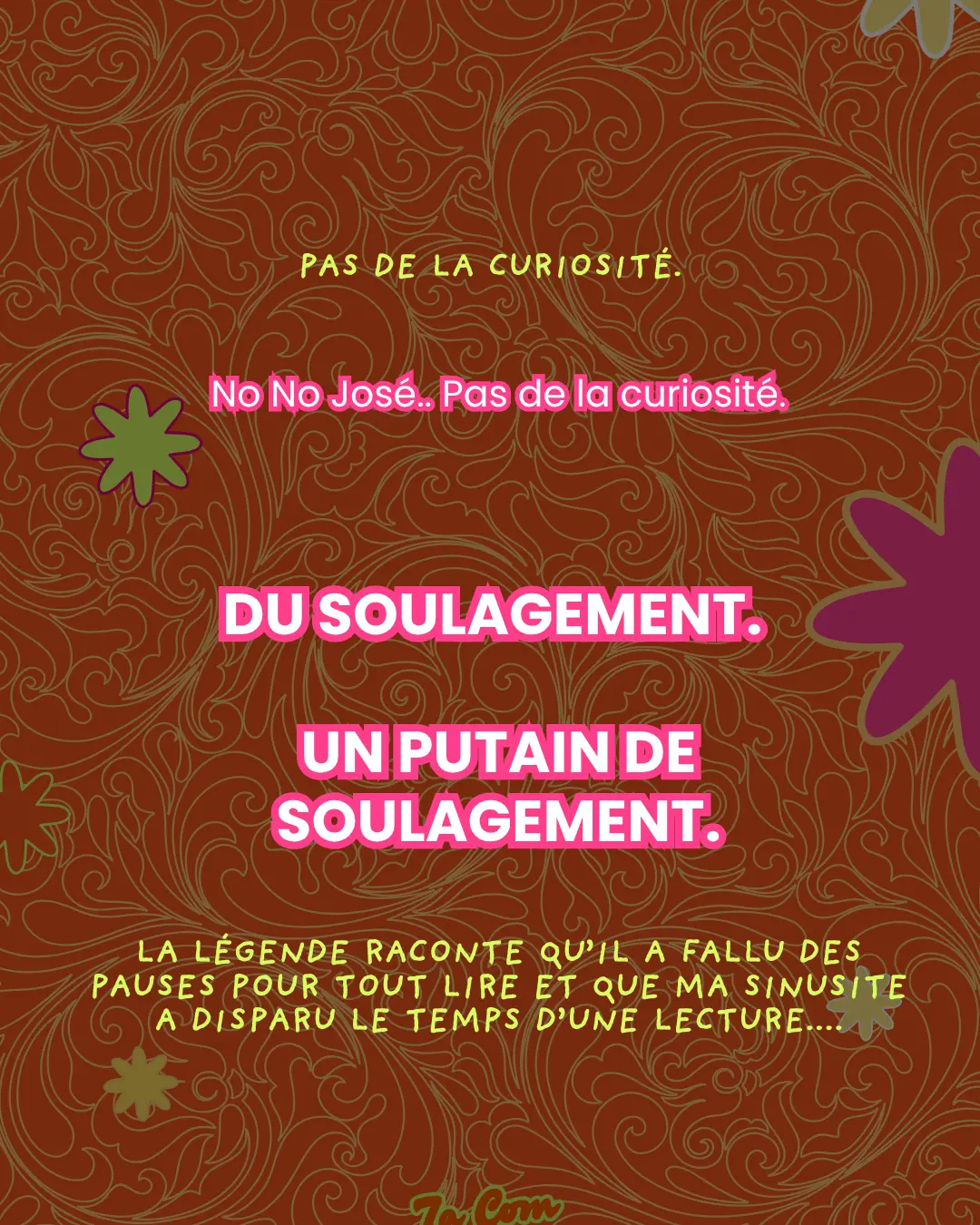 Pas de la curiosité. No no José.. Pas de la curiosité. DU SOULAGEMENT. UN PUTAIN DE SOULAGEMENT. La légende raconte qu'il a fallu des pauses pour tout lire et que ma sinusite a disparu le temps d'une lecture....